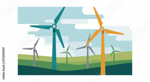 Wind farm against the sky, an environmentally conscious energy solution, showing multiple wind turbines generating power. This Wind farm illustrates clean, sustainable energy.