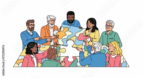Diverse collaboration with multi-ethnic people assembling large abstract puzzle. Group efforts demonstrate unity, shared goals, problem solving among individuals.
