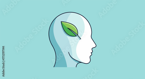 Mindful thinking illustrated by head with leaf and concept for mental wellness. Mindful thinking contributes to positivity and balance. Visualize mindful thinking for well-being or stress reduction.