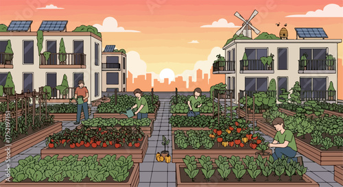 Rooftop garden illustration showcasing rooftop garden with planters and urban farming at sunset. Rooftop garden thriving on building rooftops, solar panels, and a windmill accenting the skyline.