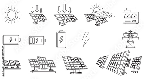 Collection of solar energy icons and illustrations, isolated on transparent background