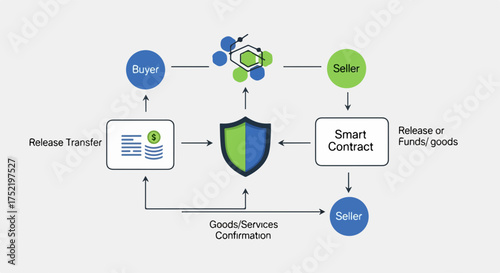 Smart contract agreement represents digital transaction security and seller buyer connection. Smart contract includes agreement between seller and buyer, goods or services and the transfer process.