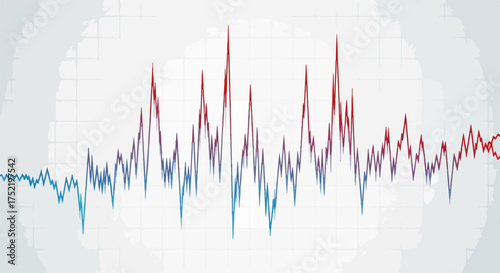 Sound wave visualization displays a waveform in blue and red gradients, which graphically renders audio or seismic activity. Sound wave shows oscillating pattern,