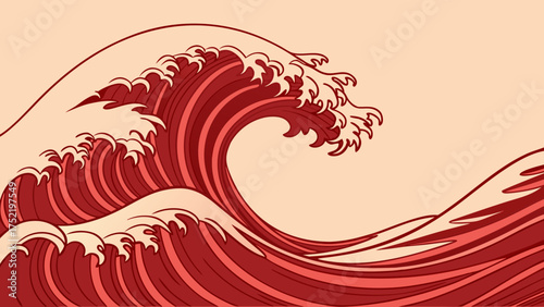 Illustration of a large red wave with a light beige background in a japanese art style design created with generated ai