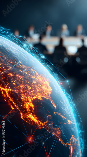 Global network earth technology data connectivity map north america digital glow cyber corporate meeting team boardroom business strategy esg