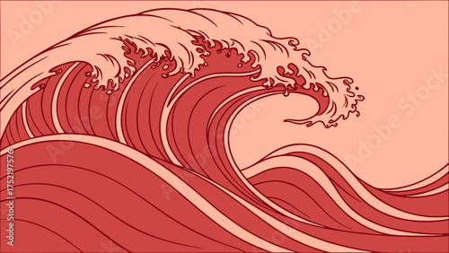 Illustration of a large stylized wave with foam cresting in shades of red and light pink hues created with generated ai