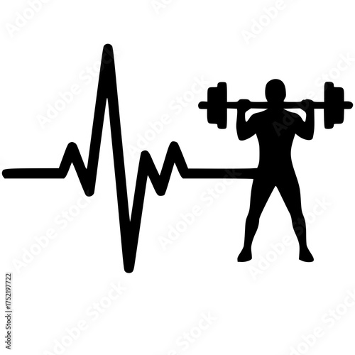 Strength and Vitality: Silhouette of a person lifting weights beside a rhythmic heartbeat graph, representing the energy and life force involved in fitness and physical activity.
