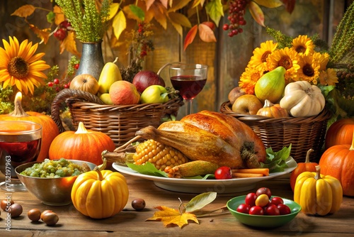 Family Thanksgiving feast beautifully served with roasted turkey stuffing cranberry sauce corn bread mashed potatoes desserts pumpkins warm home decor capturing thankful mood and celebration together