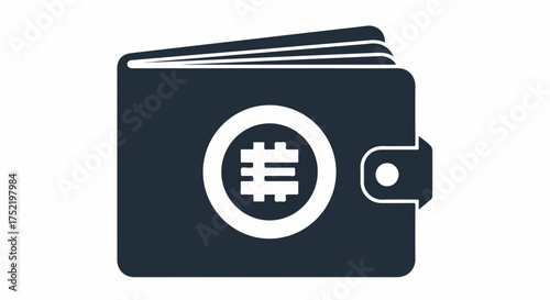 Digital wallet illustrated with cryptocurrency symbol on white background, showing financial technology. Цифровой кошелек, проиллюстрированный символом криптовалюты на белом фоне,