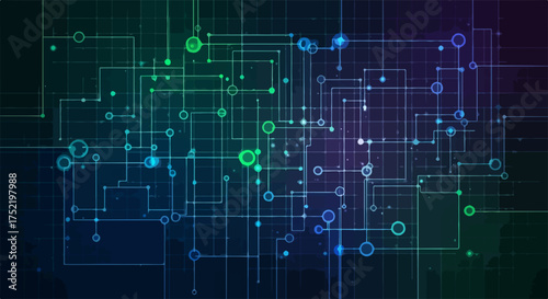 Abstract technology background featuring circuit board design with interconnected lines and nodes to represent a modern high tech circuit board design.