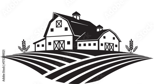 Barn on rolling hills with wheat stalks isolated on transparent background