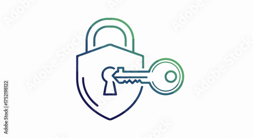 Security system with shield lock icon, security system padlock and key for safety. Security system line art with lock on keyhole, depicting secure protection.