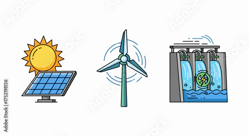 Alternative energy concept with sun and solar panel, wind turbine, and hydroelectric dam depicted, alternative energy sources symbolize clean power and environmental consciousness.