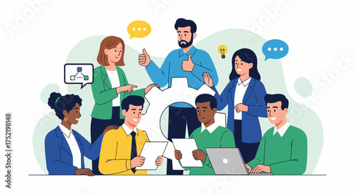 Diverse team discussing strategy around a central gear illustrates team strategy, brainstorming, and collaborative problem-solving. Team strategy session displays various ethnicities, genders,