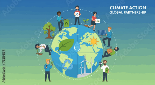 Climate action is vital to protecting planet, depicting a collaborative global partnership. Climate action is about reducing environmental impact, shows diverse group using resources, planting trees,