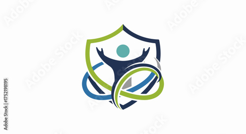 Person wellness emblem showcasing vibrant figure, shield, and rings, designed to convey protection and well being. Person wellness graphic illustrates integration of mind, body, and spirit,