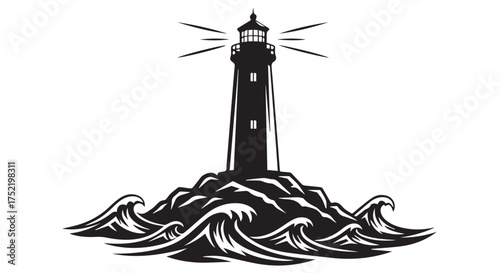 Lighthouse on rocky outcrop surrounded by crashing waves isolated on transparent background