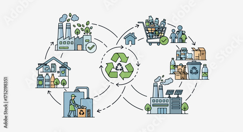 Conceptual circular economy diagram showcasing sustainable production processes and consumption, portraying circular economy for environmental stewardship, and responsible manufacturing practices.