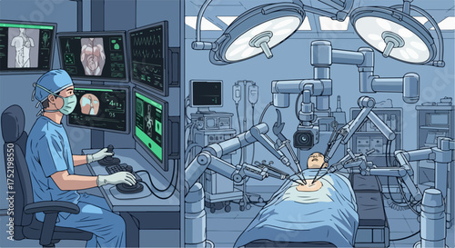 Robotic surgery illustration featuring surgeon operating with robotic arms and control console. Concept robotic surgery shows futuristic medicine with advanced technology for treatment.