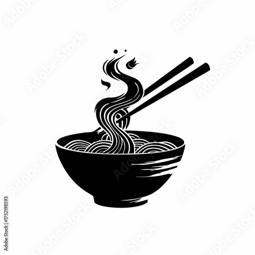A black and white illustration of a steaming bowl of noodles with chopsticks