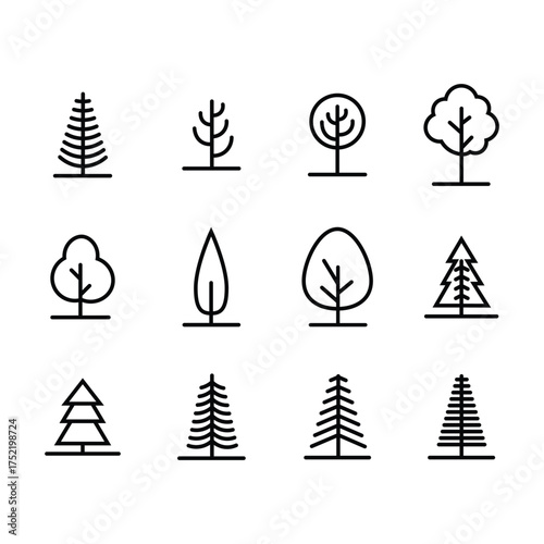 Collection of twelve minimalist line art icons representing various types of trees and conifers in a grid layout
