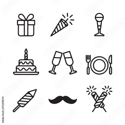 Collection of simple black outline icons representing celebration elements like gifts party poppers cake and champagne glasses