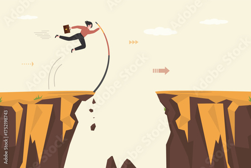 Confident business woman pole vault jumping cross over cliff gap. Overcome obstacles to reach business success, challenge for female leader, solution or skill to achieve target
