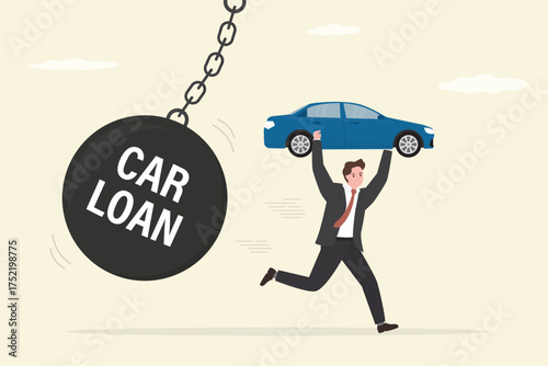 Businessman or customer carrying heavy debt car and run away from giant stone ball. Car loan, financial problem, poverty, bankruptcy