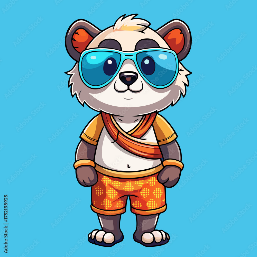 Naklejka premium cute mascot panda wearing sunglasses and surf shorts.