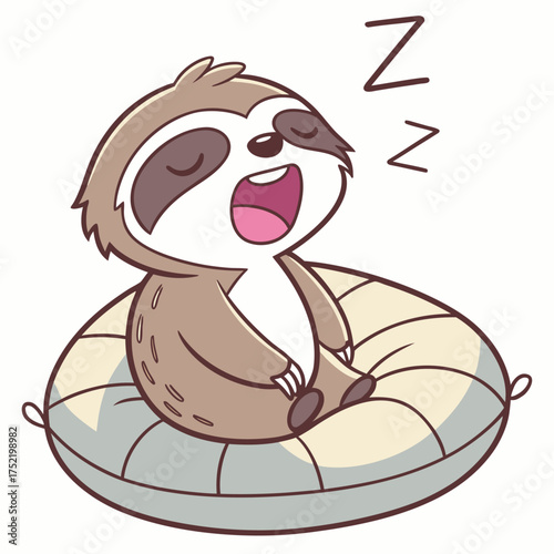 cute mascot sleepy sloth yawning on top of a pillow.