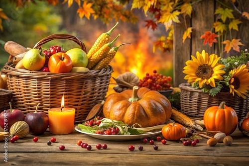Cozy Thanksgiving dinner setting with festive dishes turkey baked vegetables pumpkin pie warm candlelight rustic table atmosphere celebrating harvest gratitude and family love in autumn season