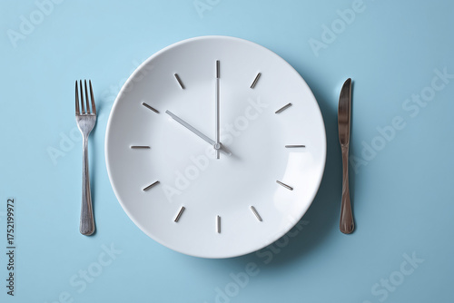 Clock made from plate and cutlery on blue background.