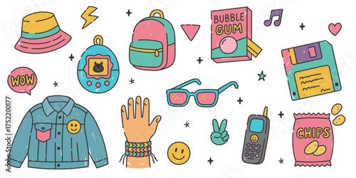 Collection of retro 90s accessories such as bubble gum, floppy disk, backpack, denim jacket and vintage phone in colorful doodle style.