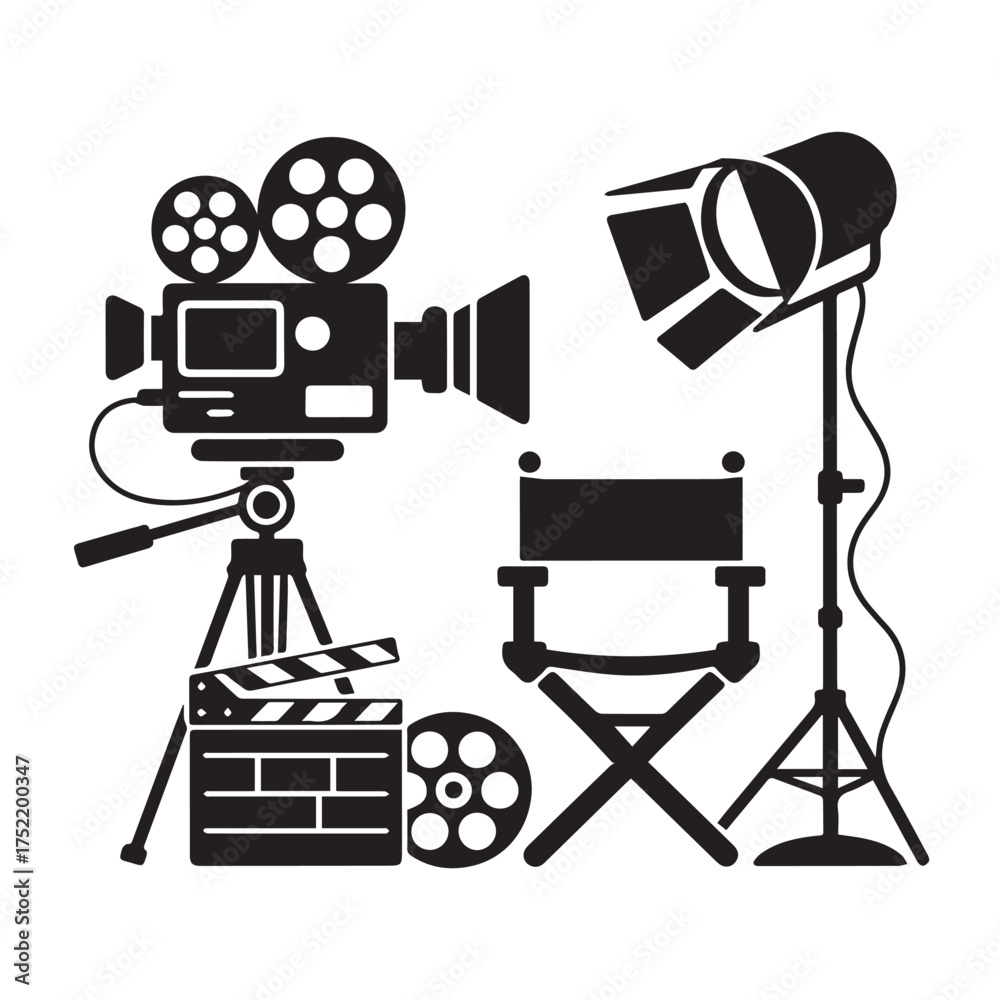 Obraz premium Vector art of filmmaking equipment including vintage camera, spotlight, director chair, and clapperboard