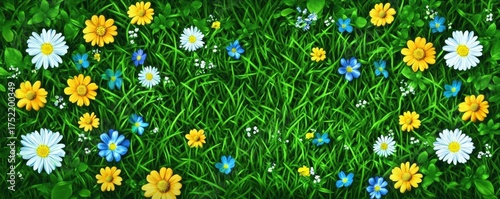 Close-up grassy field variety colorful flowers scattered throughout Top view spring yellow