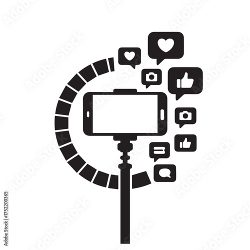 Vector art of smartphone on a selfie stick with social media icons like hearts and thumbs up, representing social networking and content creation