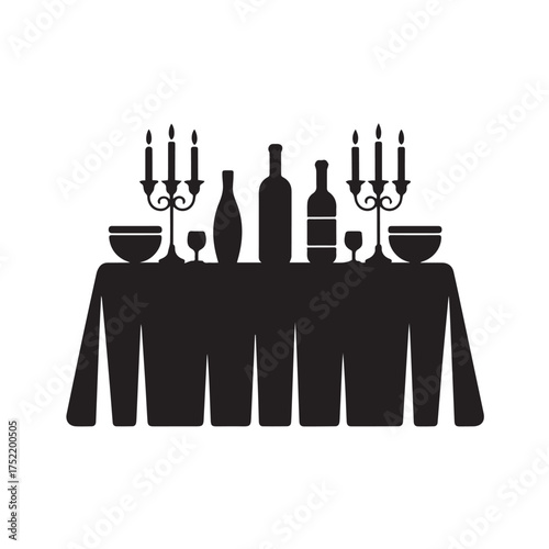 Vector art of silhouette of a formal dining table setting with wine bottles, glasses, and candelabra
