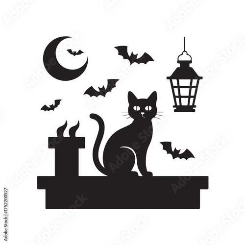 Vector art of silhouette of a black cat sitting on a roof with bats and a crescent moon