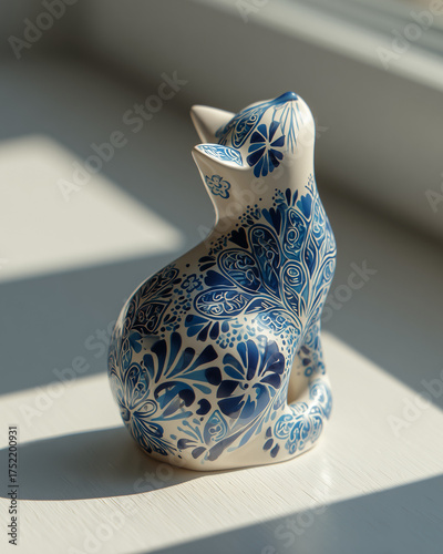 Blue cat porcelain figurine on a light background