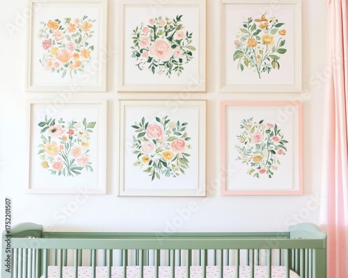 Collection nine framed art prints hanging white wall Nursery gallery wall, home
