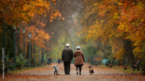 Elderly couple walking dogs autumn park colorful leaves peaceful scene outdoor happiness