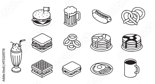 Collection of isometric line art icons representing various food and drink items isolated on transparent background