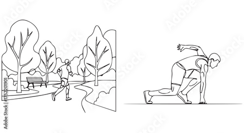 Line art drawing of a park scene with people and a runner in starting position isolated on transparent background