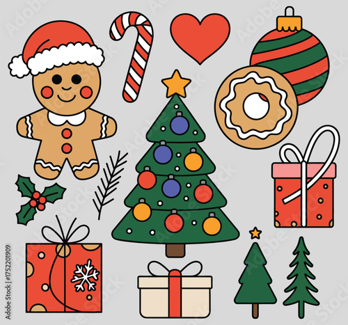 Christmas ornament vector illustration banner with decorative holiday elements snowflakes gifts stars and garlands perfect for winter celebration designs posters cards and seasonal clipart set