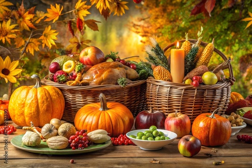 Traditional American Thanksgiving table rich with food turkey stuffing cranberry sauce pies corn bread salads warm autumn decor family gathering celebrating gratitude love and joyful holiday atmospher