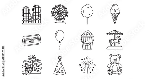 Collection of amusement park icons isolated on transparent background