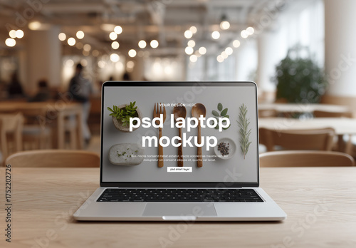 Front view laptop mockup in a restaurant or cafe mockup