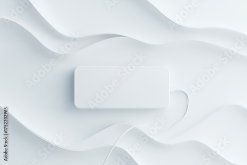 Abstract 3D-rendered phone image featuring a minimalist white block on a flowing, wavy white surface, creating a sleek, modern design.