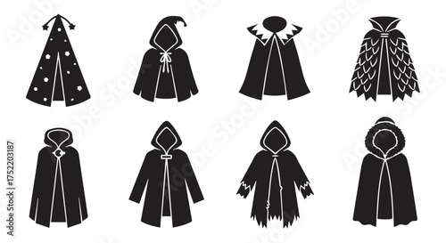 Assortment of fantasy cloaks and hooded capes in various styles isolated on transparent background