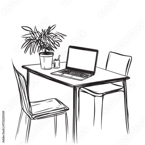 cute vector illustration outline of laptop on a glass dining table